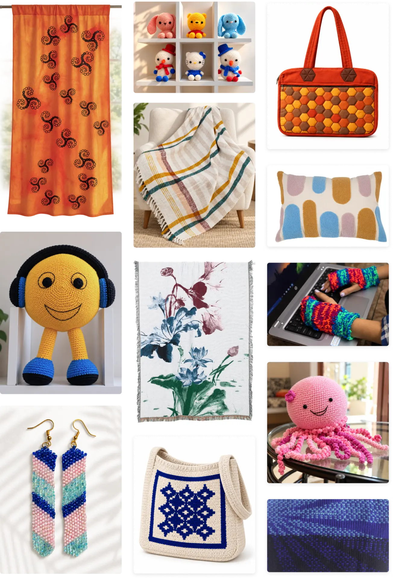 A collage of Molly Doshi’s handcrafted textile, crochet, beadwork, and print projects